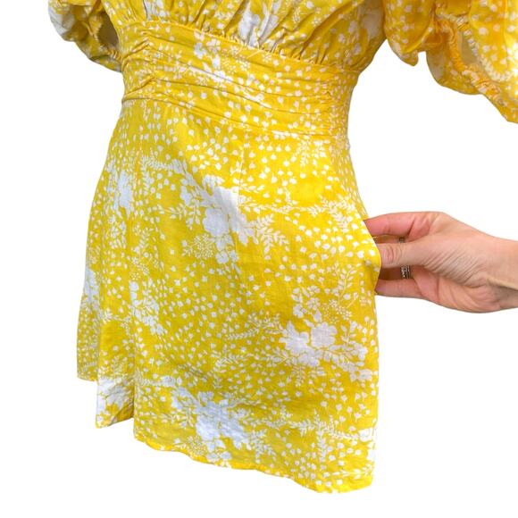 Showpo NWT Ailiza Playsuit Yellow Floral V Neck Puff Sleeve Wide Leg Romper - Picture 11 of 16